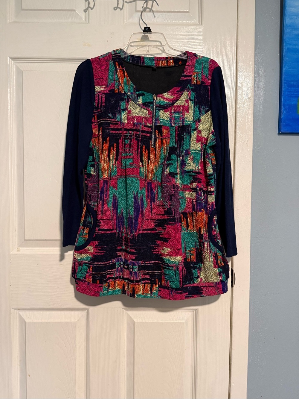 Abstract Print 3/4 Sleeve Women's Top - Navy & Multicolor size M/L